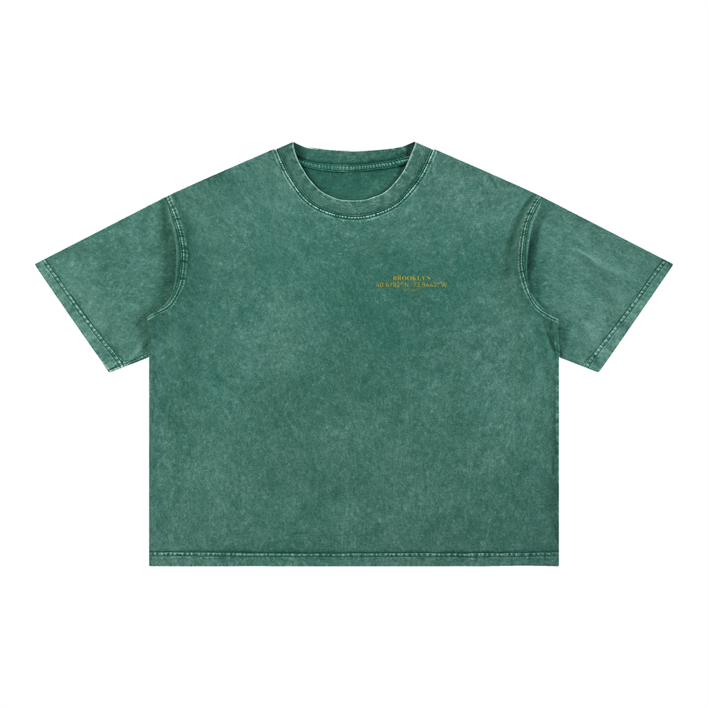 Brooklyn Coordinates tee in Blackish Green, front view showing the gold coordinates chest print
