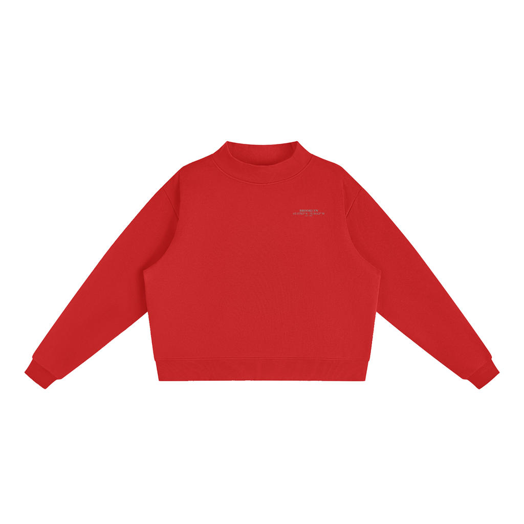 Brooklyn Mock-Neck Crew — Black Text II in Red, front view showing the small black BROOKLYN chest print