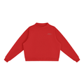 Brooklyn Mock-Neck Crew — Black Text II in Red, front view showing the small black BROOKLYN chest print