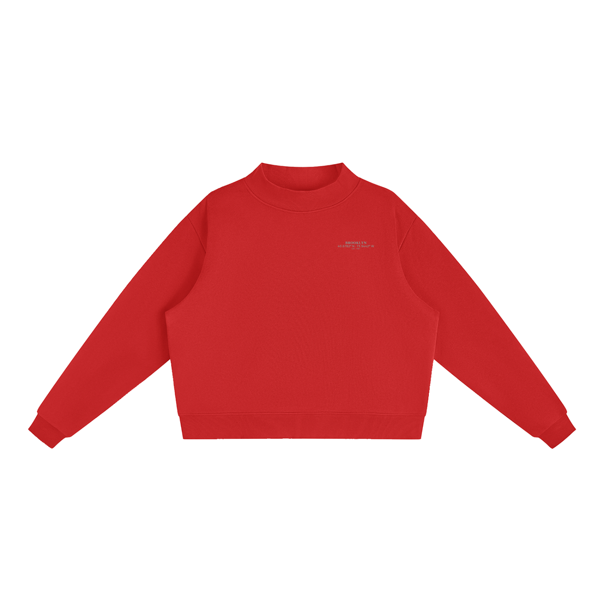 Brooklyn Mock-Neck Crew — Black Text II in Red, front view showing the small black BROOKLYN chest print