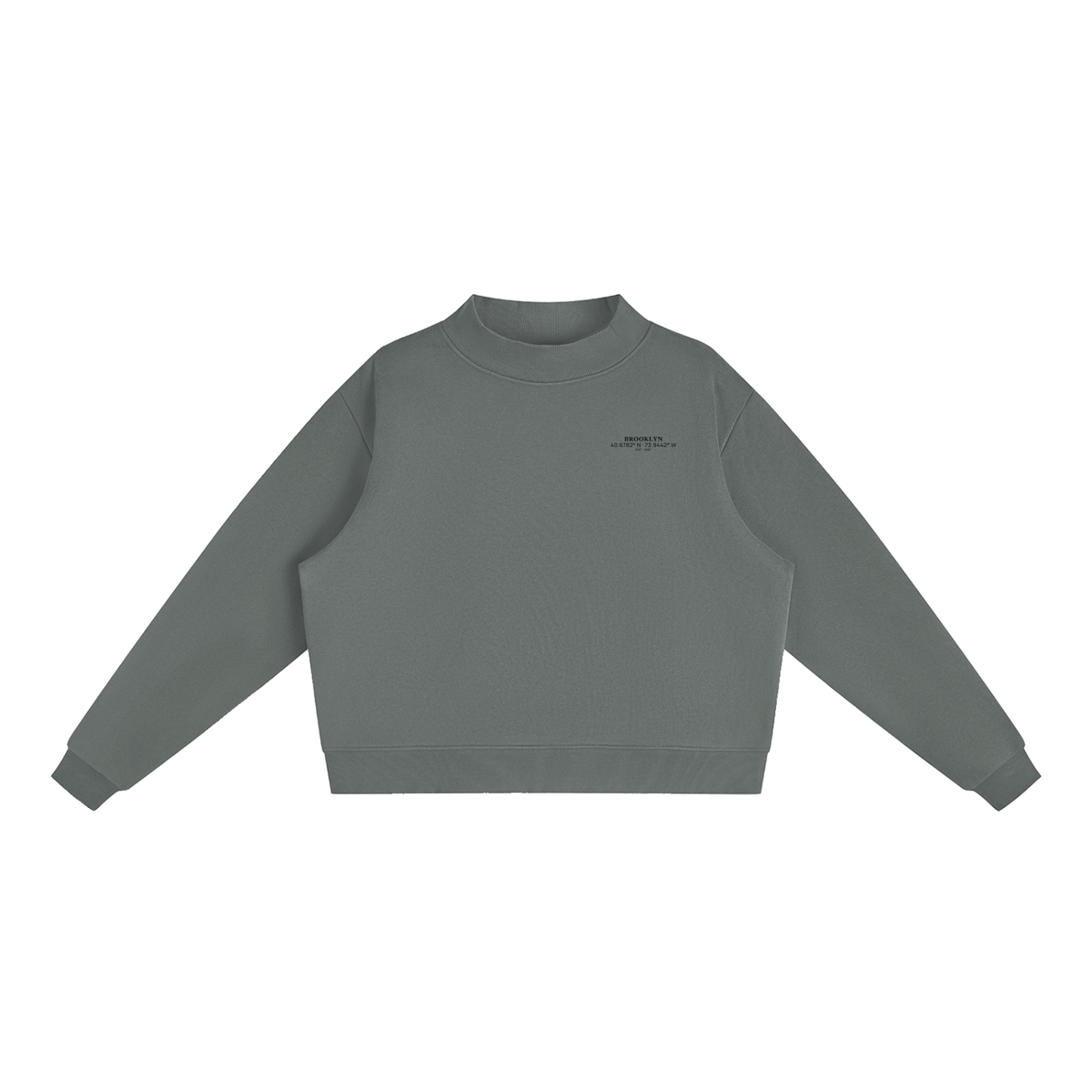 Brooklyn Mock-Neck Crew — Black Text in Dark Gray, front view showing the small black BROOKLYN chest print