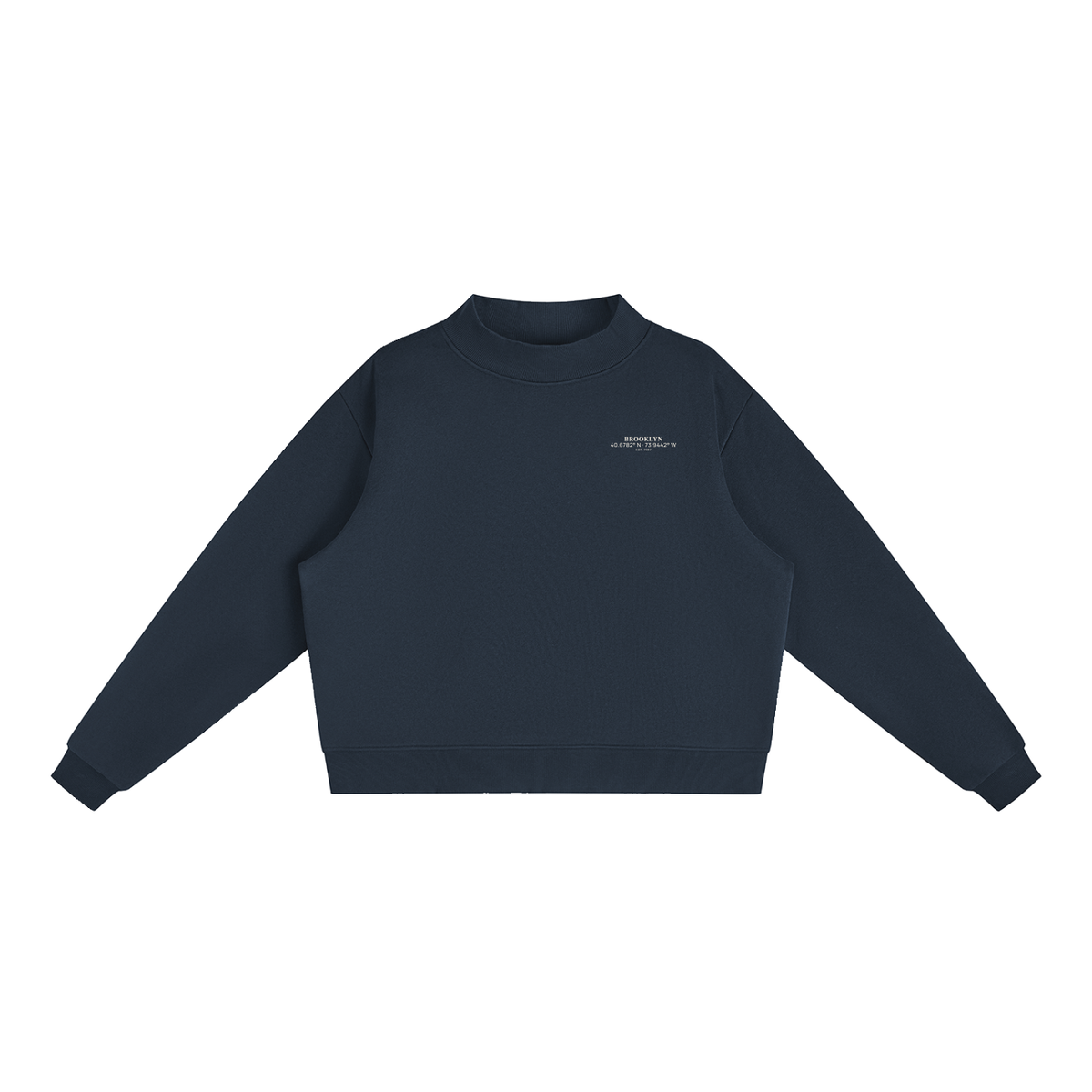 Brooklyn Mock-Neck Crew — White Text in Navy Blue, front view showing the small white BROOKLYN chest print