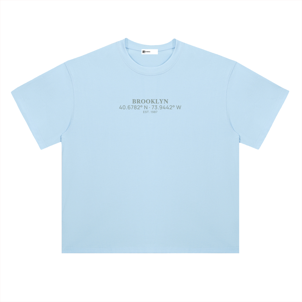 Heavyweight Coordinates tee in Light Blue, front view showing the Brooklyn coordinates chest print