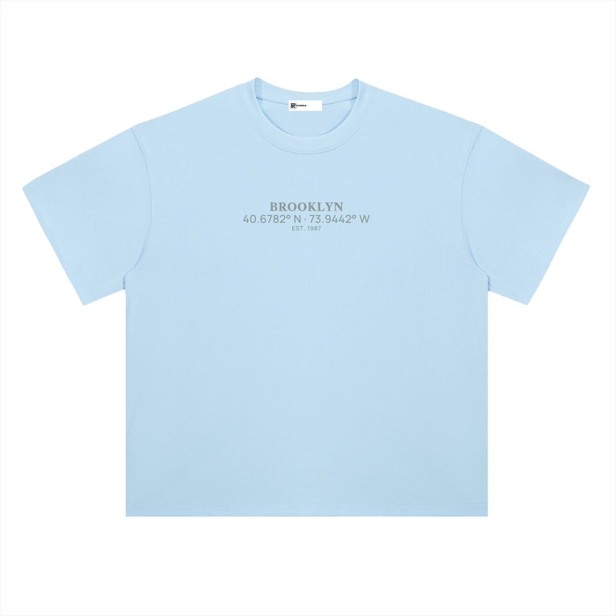 Heavyweight Coordinates tee in Light Blue, front view showing the Brooklyn coordinates chest print