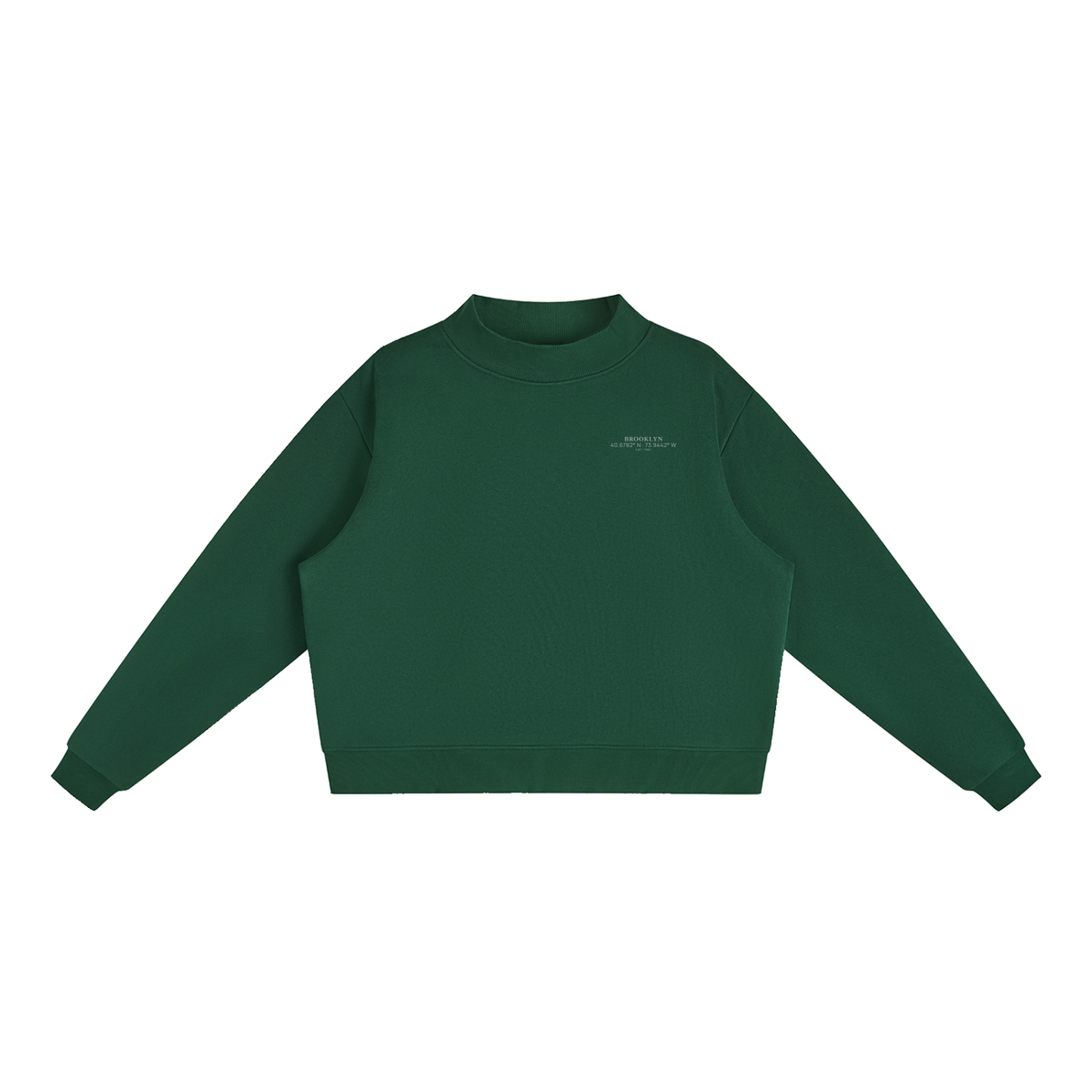 Brooklyn Mock-Neck Crew — Black Text II in Blackish Green, front view showing the small black BROOKLYN chest print