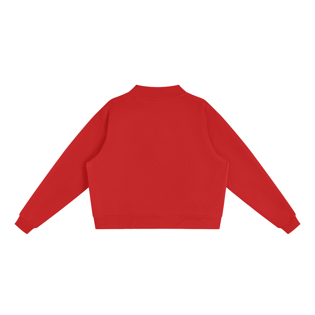 Brooklyn Mock-Neck Crew — White Text in Red, back view (no print on the back)