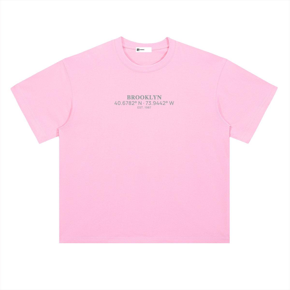 Heavyweight Coordinates tee in Cherry Blossom Pink, front view showing the Brooklyn coordinates chest print