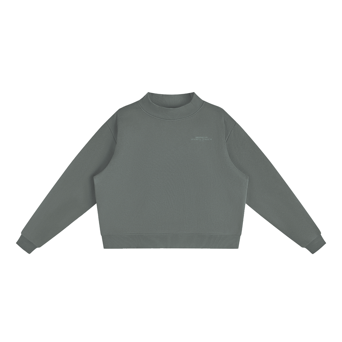 Brooklyn Mock-Neck Crew — Black Text II in Dark Gray, front view showing the small black BROOKLYN chest print
