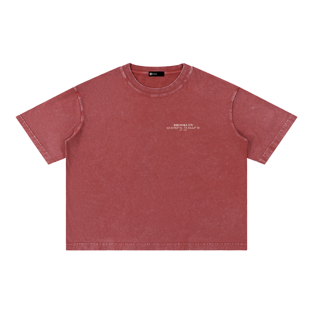 Brooklyn Coordinates tee in Red, front view showing the white Brooklyn coordinates chest print