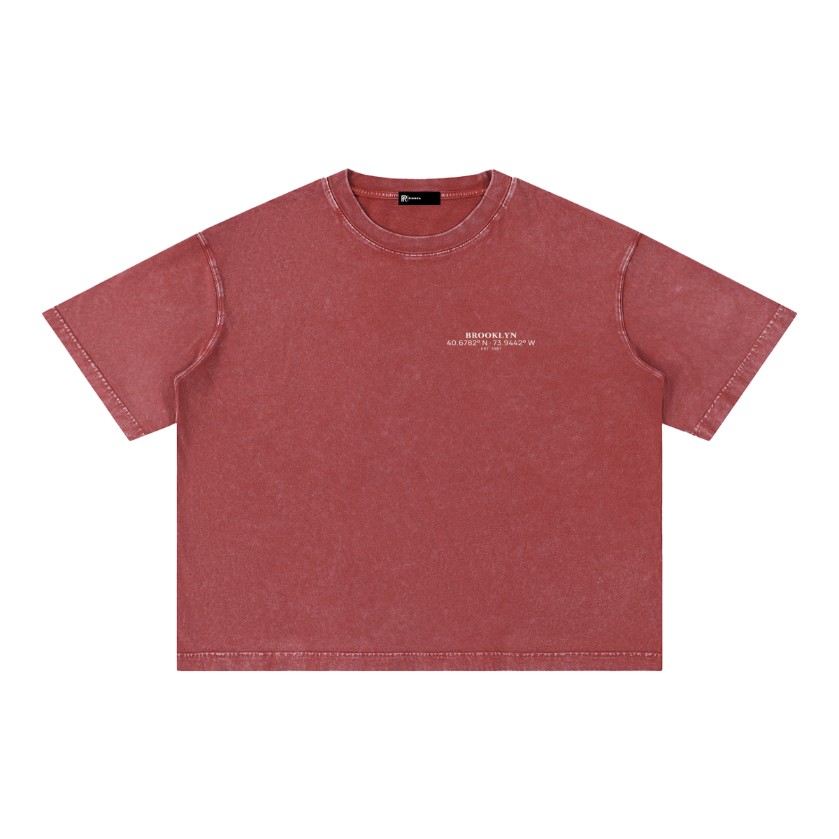 Brooklyn Coordinates tee in Red, front view showing the white Brooklyn coordinates chest print