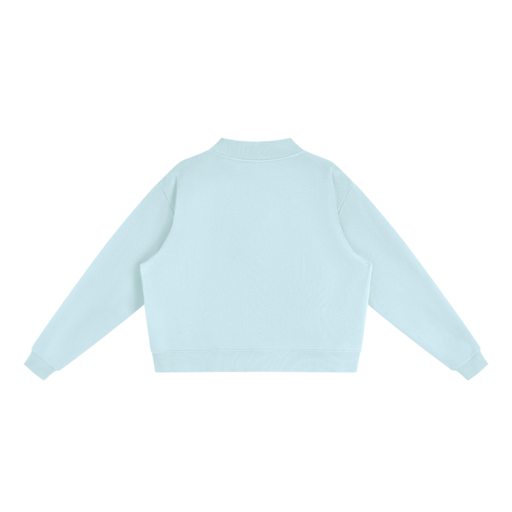 Brooklyn Mock-Neck Crew — Black Text in Light Blue, back view (no print on the back)