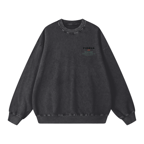 Praia do Norte crewneck in Black, front view showing the small Nazaré wave chest print
