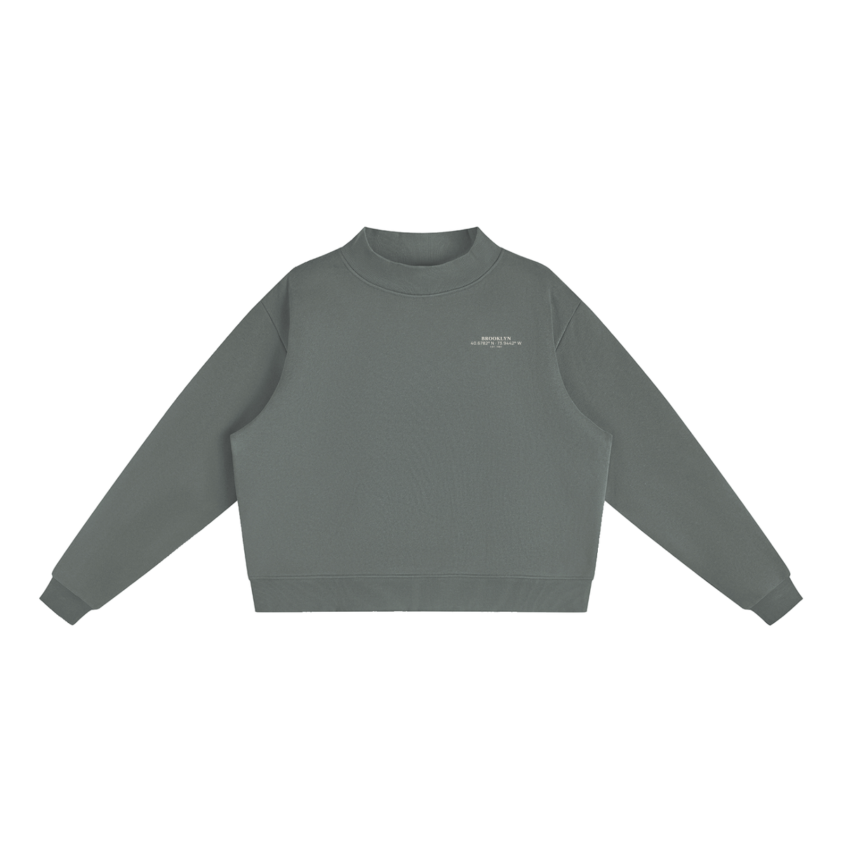Brooklyn Mock-Neck Crew — White Text in Dark Gray, front view showing the small white BROOKLYN chest print