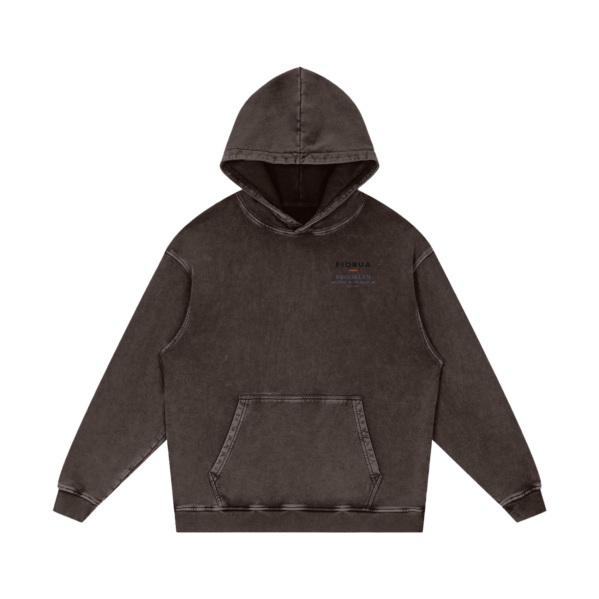 Stoop hoodie in Dark Gray, front view showing the small Brooklyn brownstone chest print