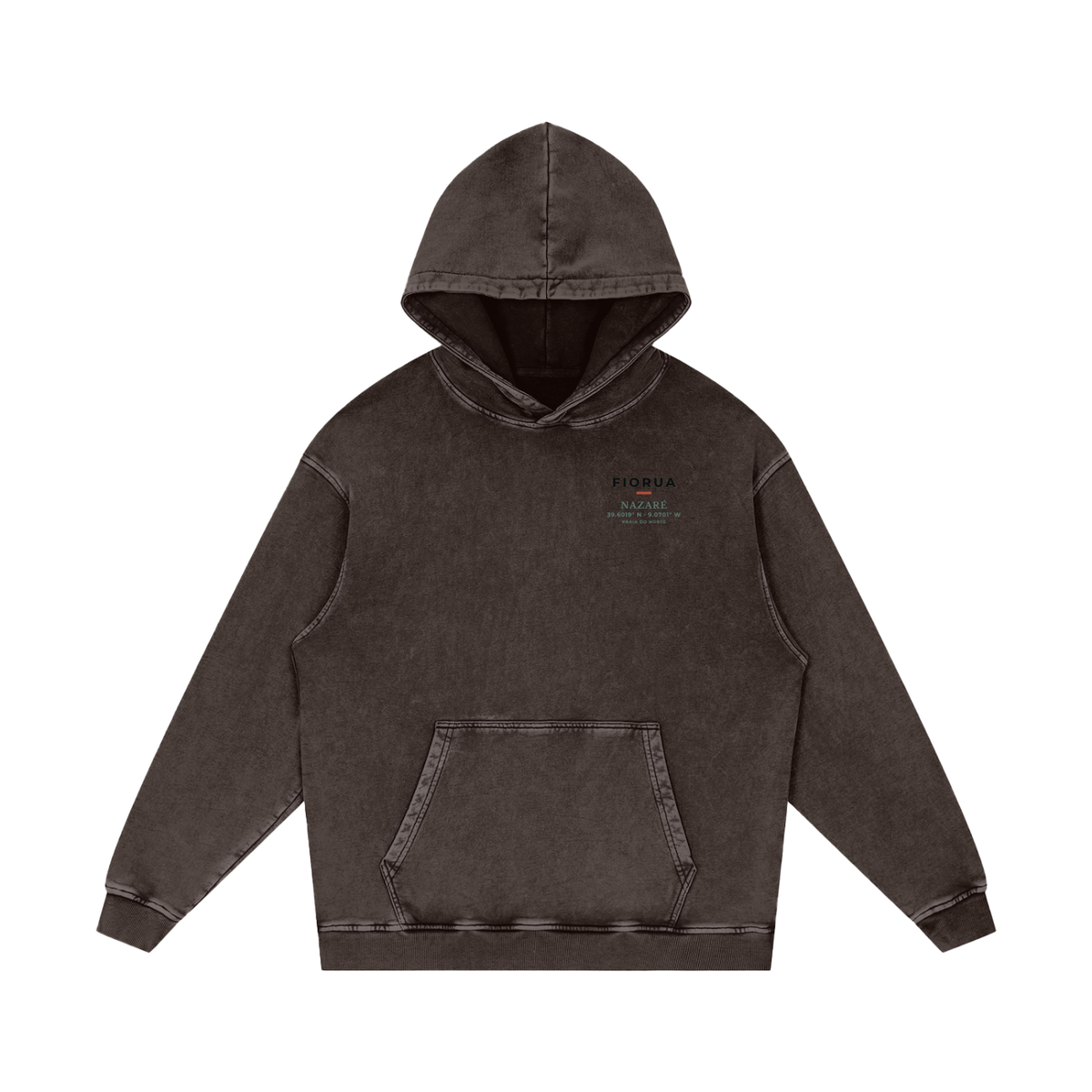 Praia do Norte hoodie in Dark Gray, front view showing the small Nazaré chest print