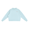 Brooklyn Mock-Neck Crew — Red Text in Light Blue, front view showing the small red BROOKLYN chest print