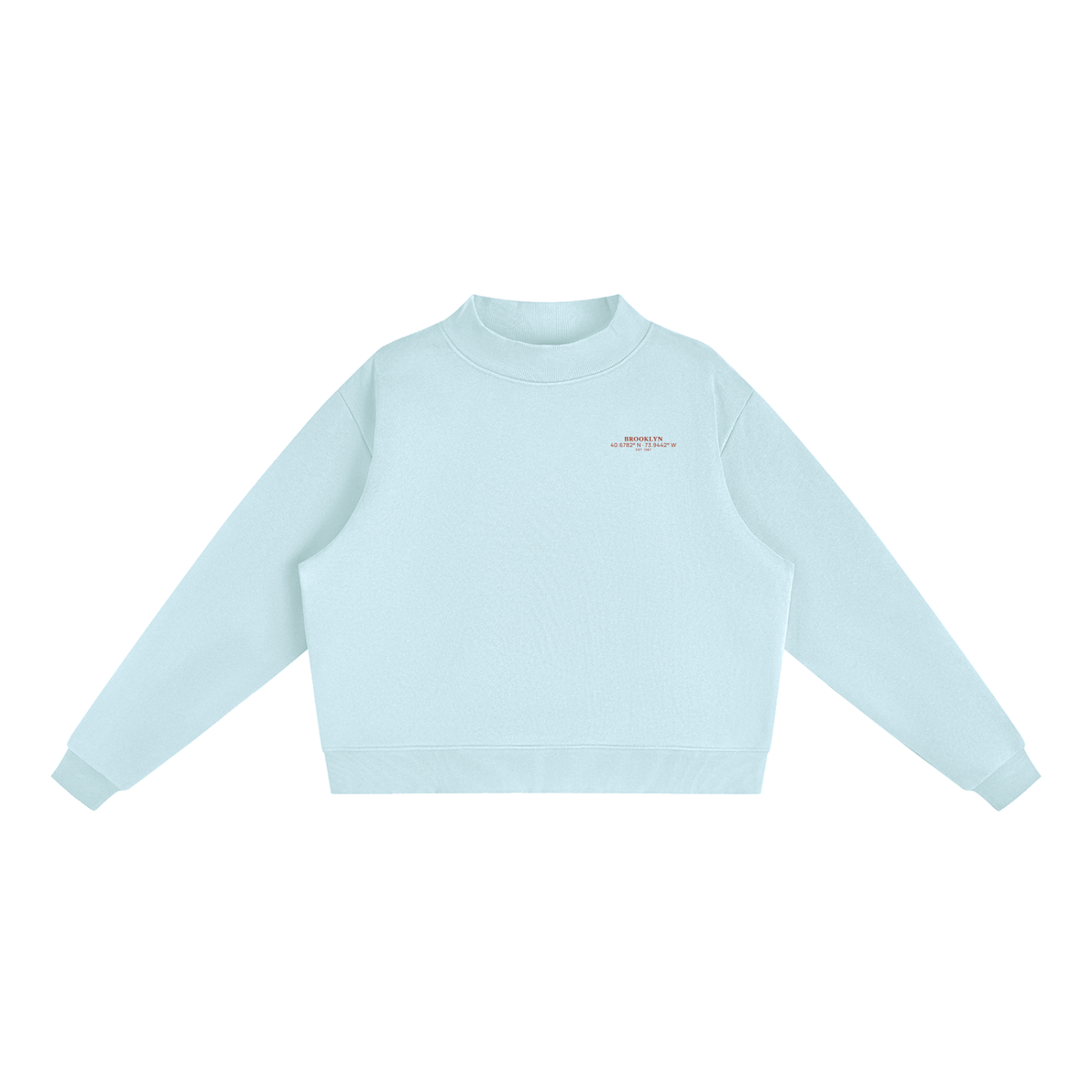 Brooklyn Mock-Neck Crew — Red Text in Light Blue, front view showing the small red BROOKLYN chest print