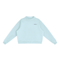 Brooklyn Mock-Neck Crew — Black Text in Light Blue, front view showing the small black BROOKLYN chest print