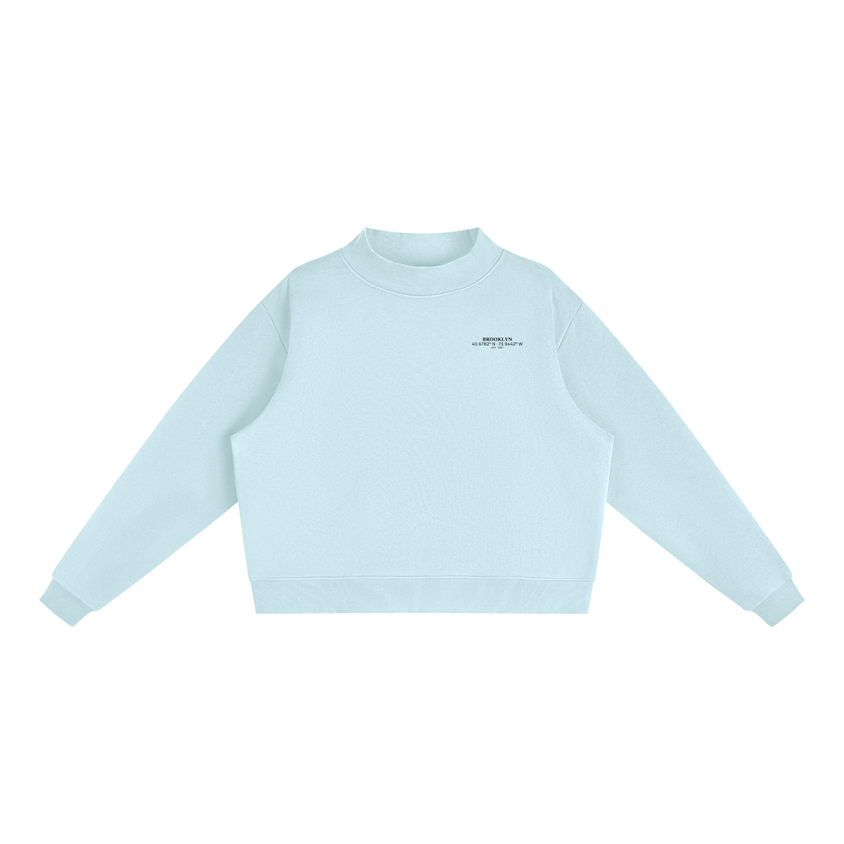 Brooklyn Mock-Neck Crew — Black Text in Light Blue, front view showing the small black BROOKLYN chest print