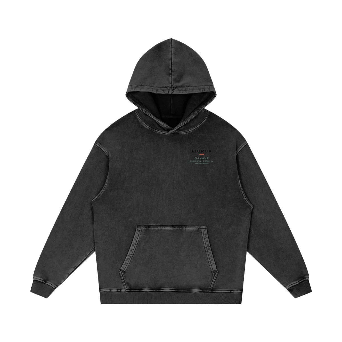 Praia do Norte hoodie in Black Beauty, front view showing the small Nazaré chest print