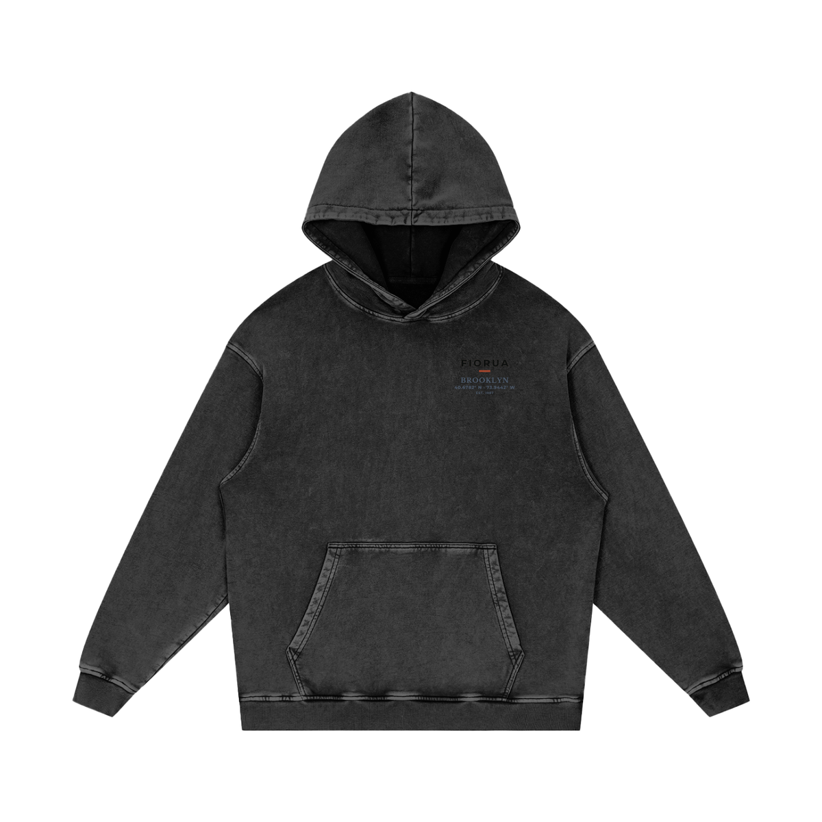 Stoop hoodie in Black Beauty, front view showing the small Brooklyn brownstone chest print