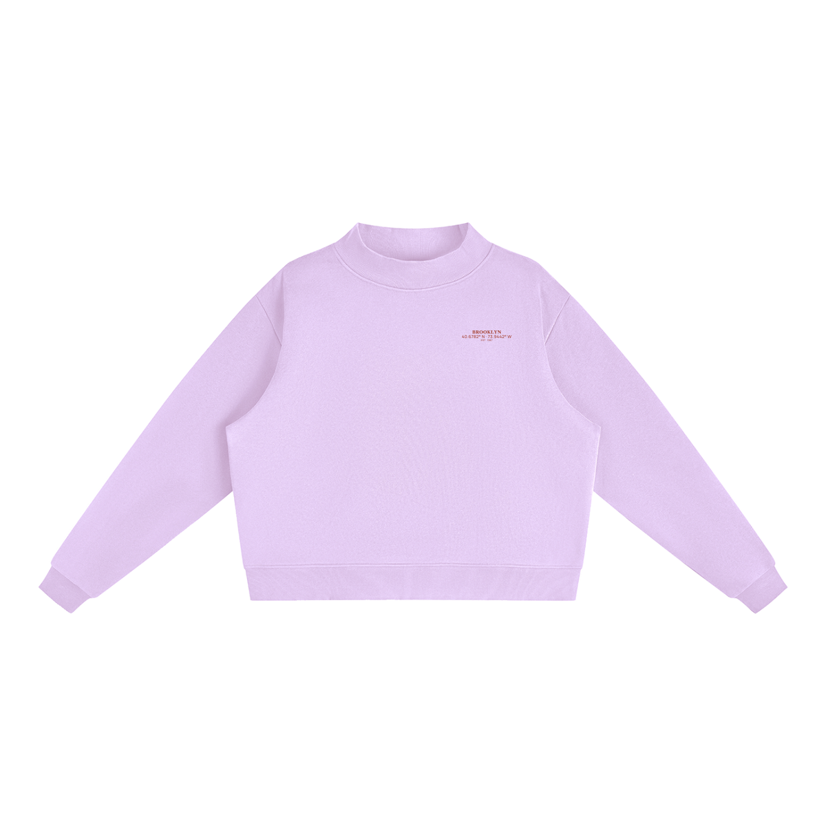 Brooklyn Mock-Neck Crew — Red Text in Light Purple, front view showing the small red BROOKLYN chest print