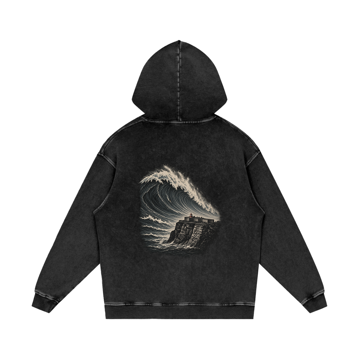 Praia do Norte hoodie in Black Beauty, back view showing the large Nazaré wave print