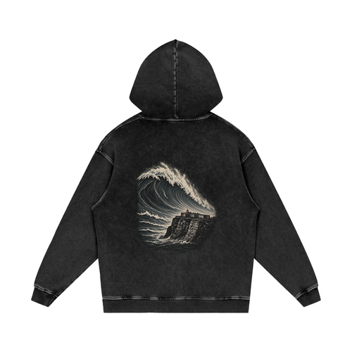Praia do Norte hoodie in Black Beauty, back view showing the large Nazaré wave print