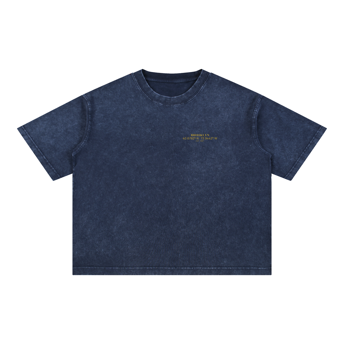 Brooklyn Coordinates tee in Royal Blue, front view showing the gold coordinates chest print