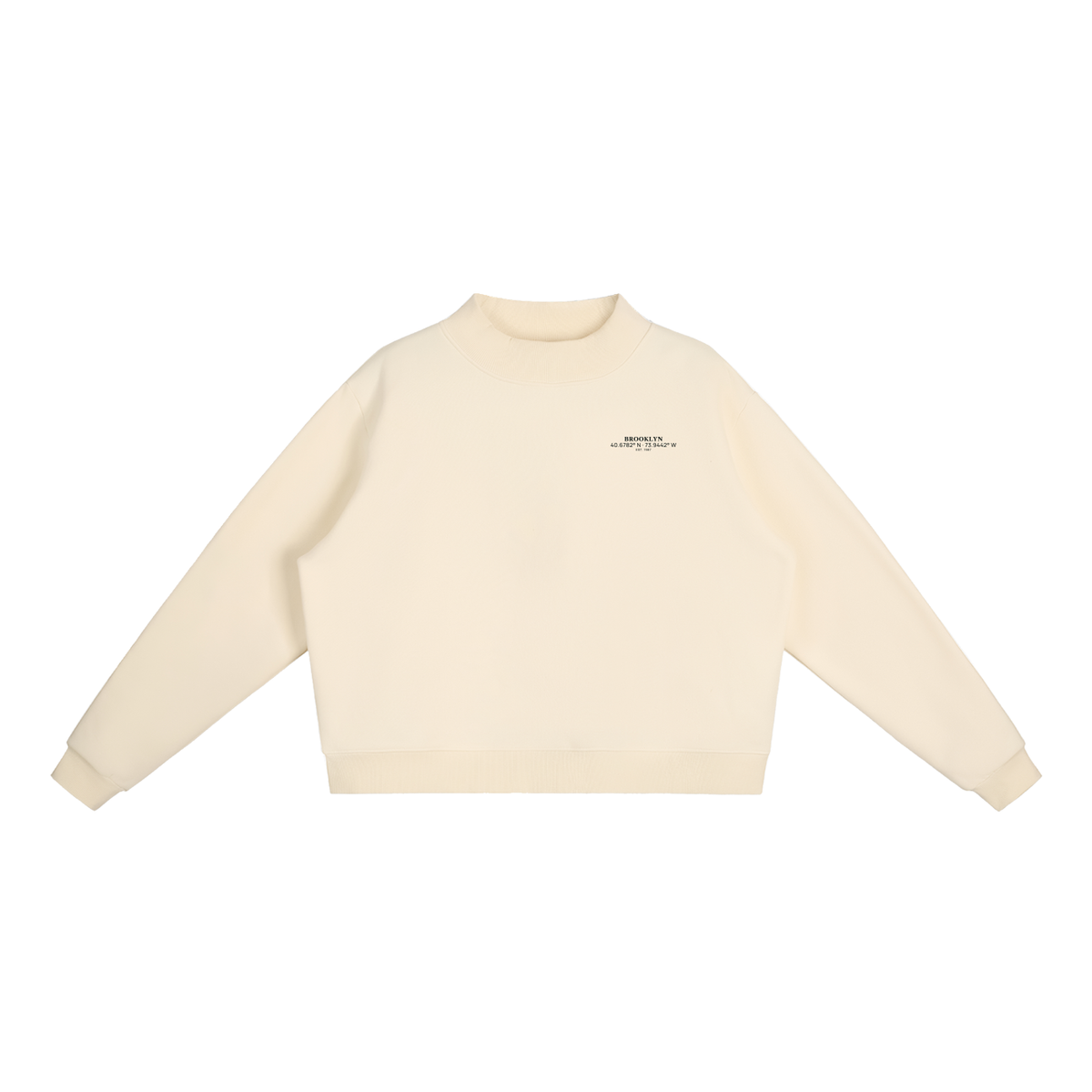 Brooklyn Mock-Neck Crew in Cream Apricot with the black BROOKLYN chest print, front view