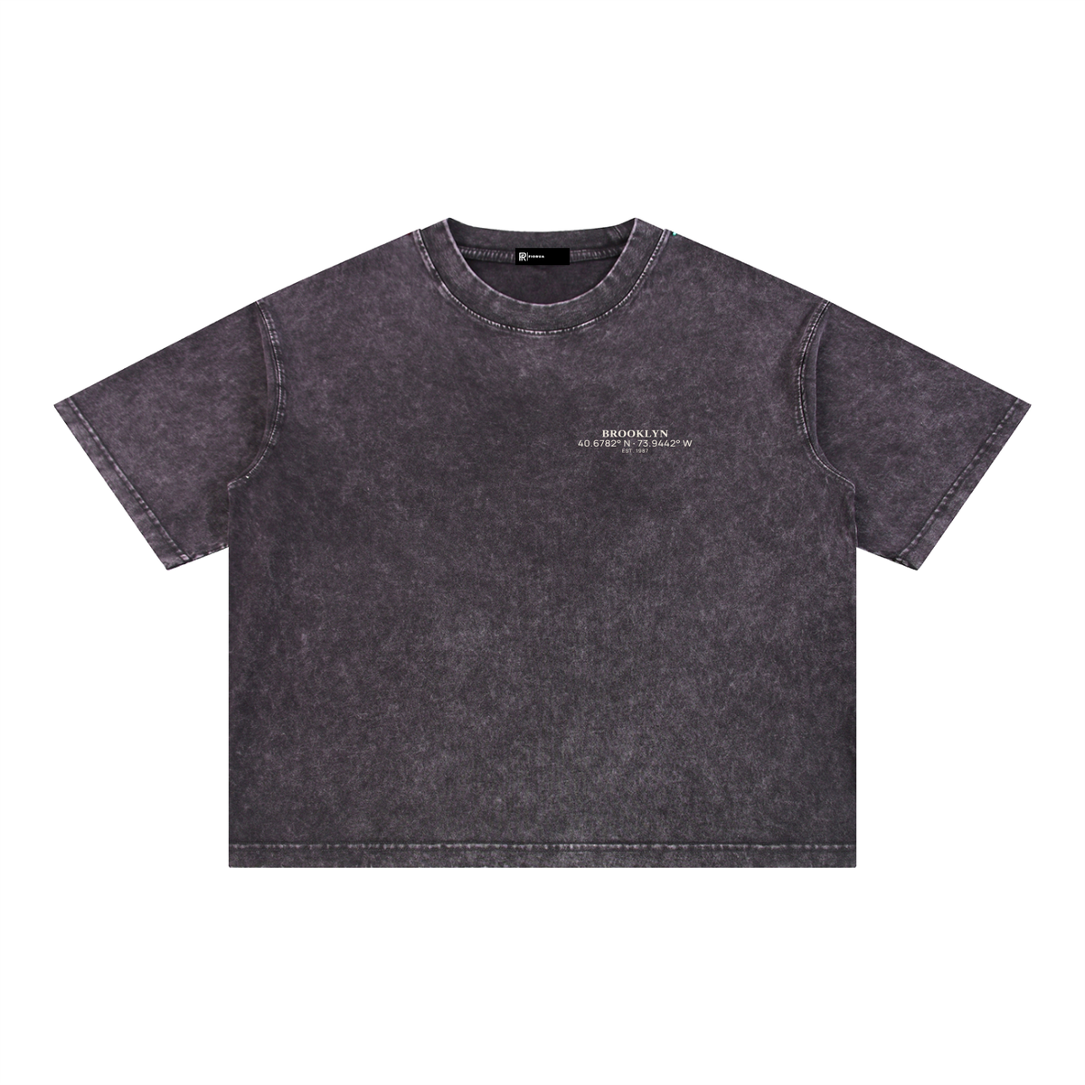 Brooklyn Coordinates tee in Dark Gray, front view showing the white Brooklyn coordinates chest print