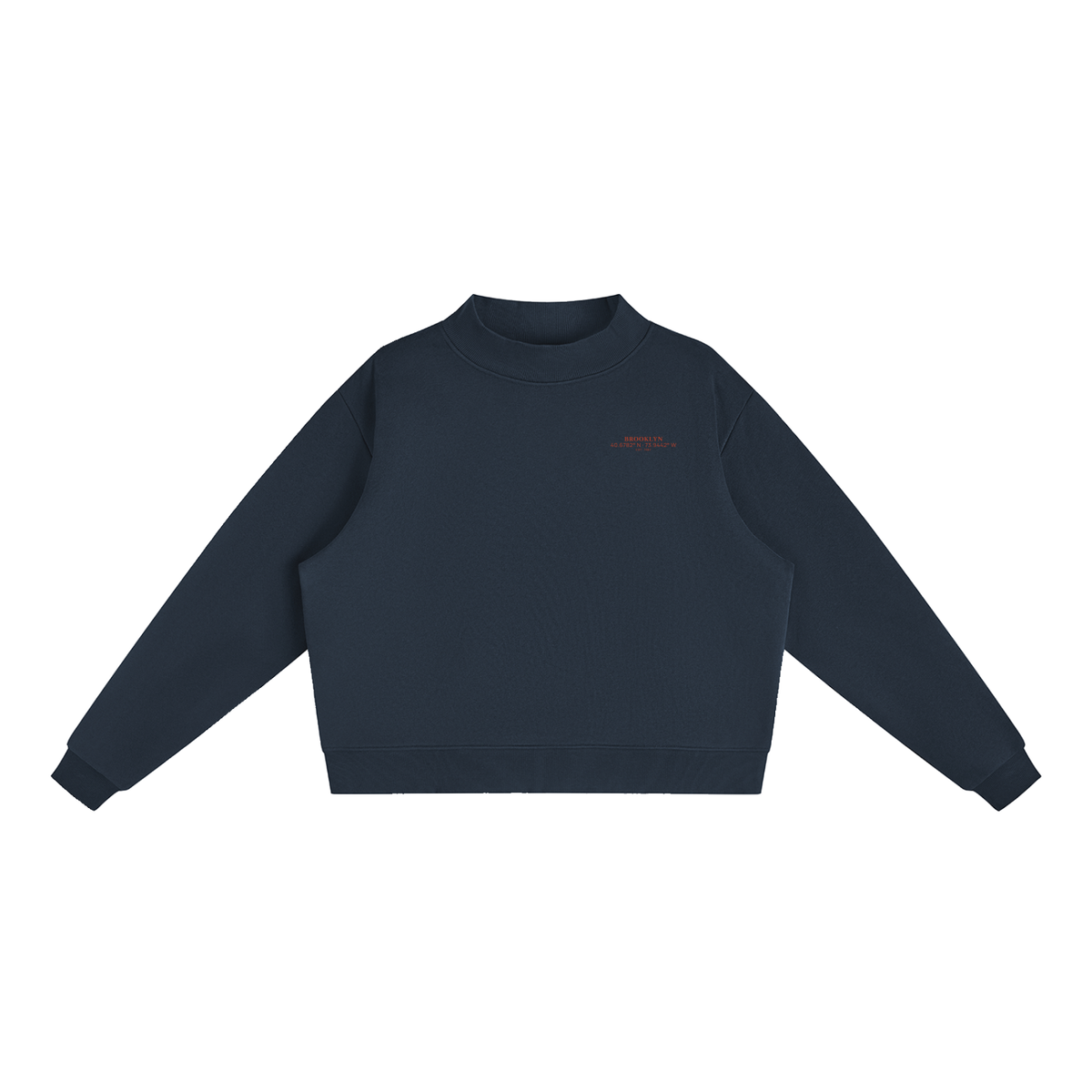 Brooklyn Mock-Neck Crew — Red Text in Navy Blue, front view showing the small red BROOKLYN chest print
