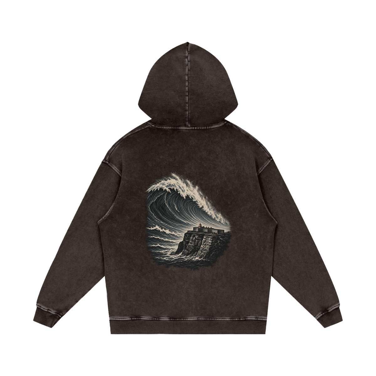 Praia do Norte hoodie in Dark Gray, back view showing the large Nazaré wave print