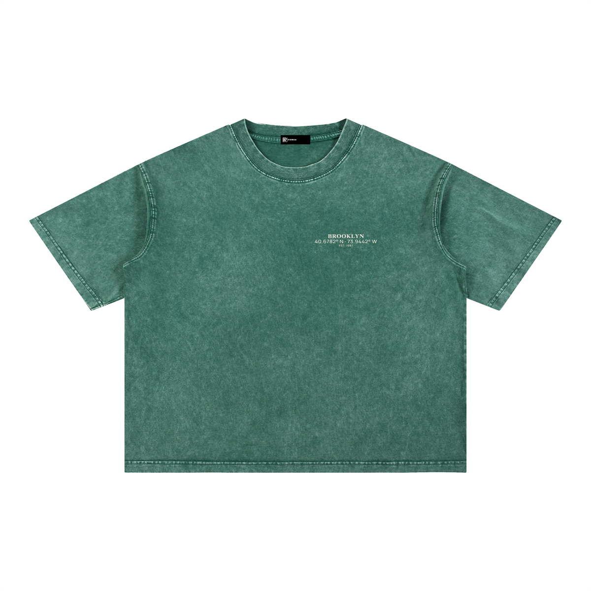 Brooklyn Coordinates tee in Blackish Green, front view showing the white Brooklyn coordinates chest print