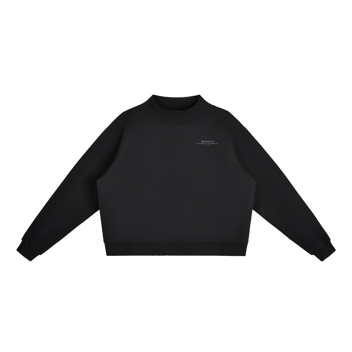 Ladies Brooklyn Mock-Neck Crew — Regular in Black, front view showing the Brooklyn chest print