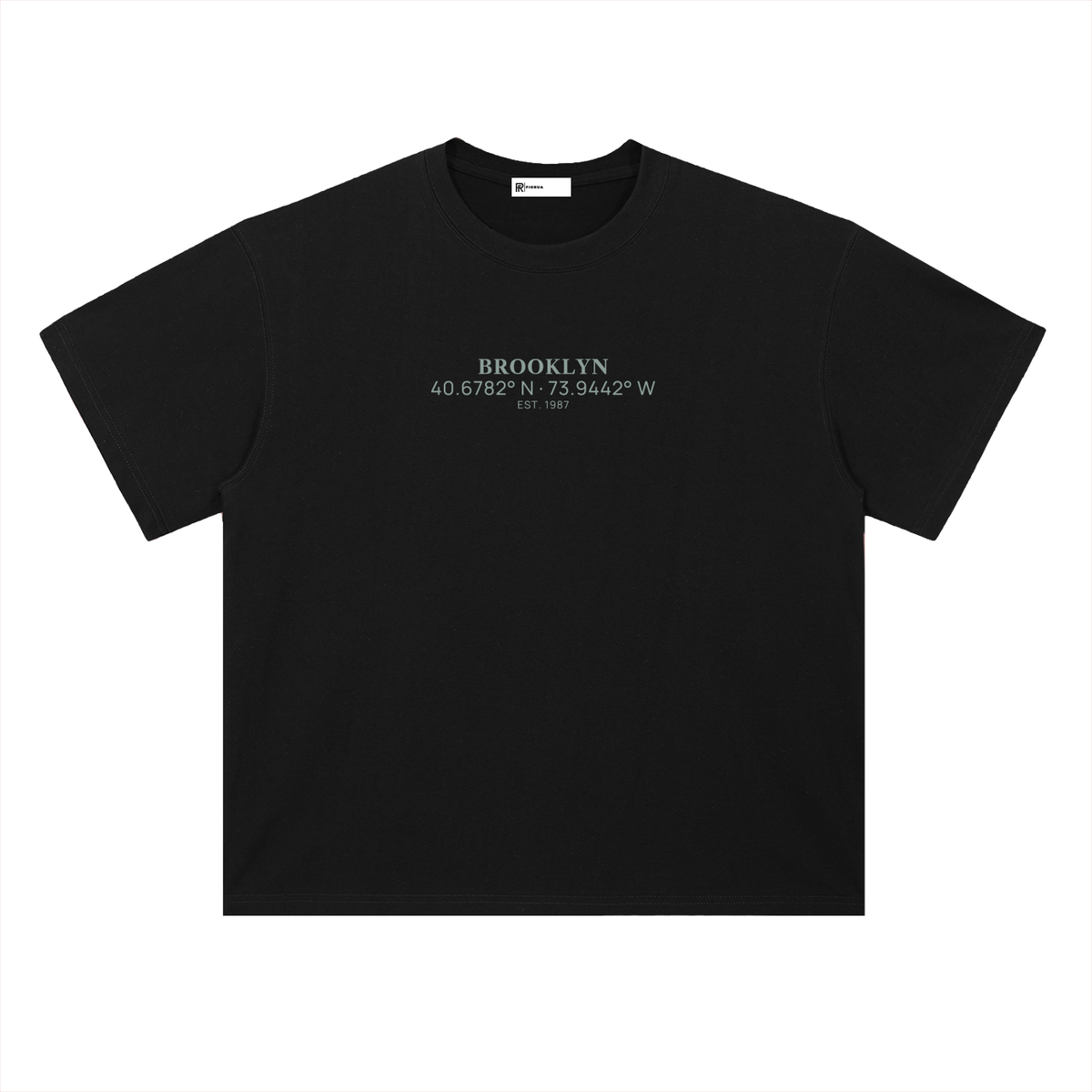 Heavyweight Coordinates tee in Classic Black, front view showing the Brooklyn coordinates chest print