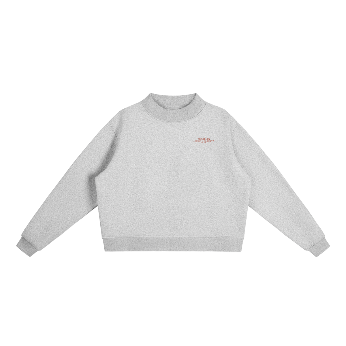 Brooklyn Mock-Neck Crew — Red Text in Flower Gray, front view showing the small red BROOKLYN chest print