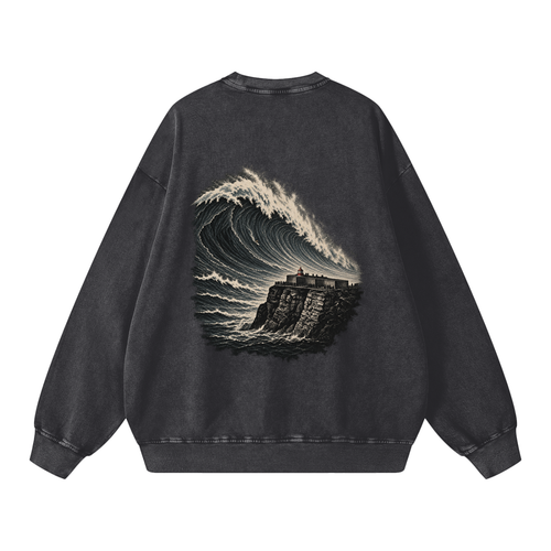 Praia do Norte crewneck in Black, back view showing the large Nazaré wave print