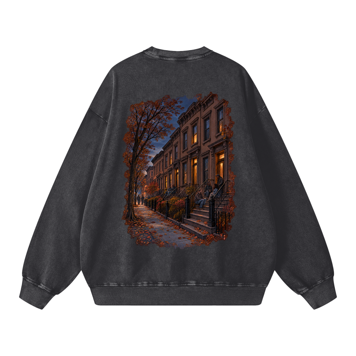 Stoop crewneck in Black, back view showing the large Brooklyn brownstone street artwork