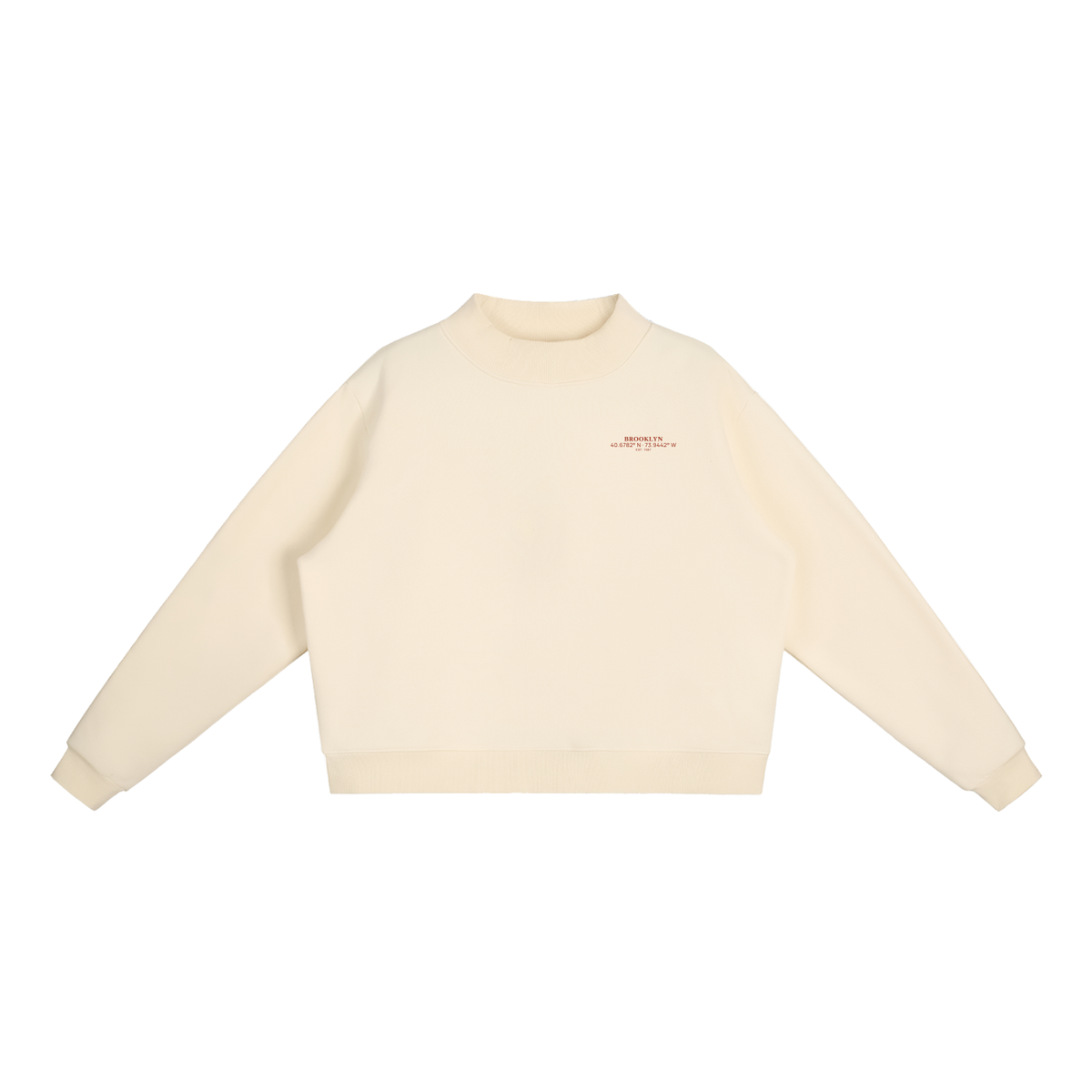 Brooklyn Mock-Neck Crew in Cream Apricot with the red BROOKLYN chest print, front view