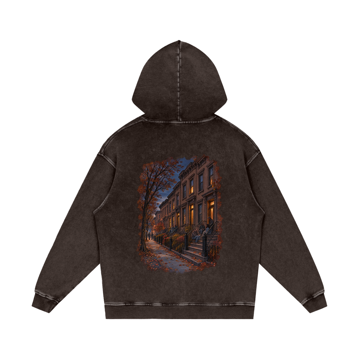Stoop hoodie in Dark Gray, back view showing the large Brooklyn brownstone street artwork
