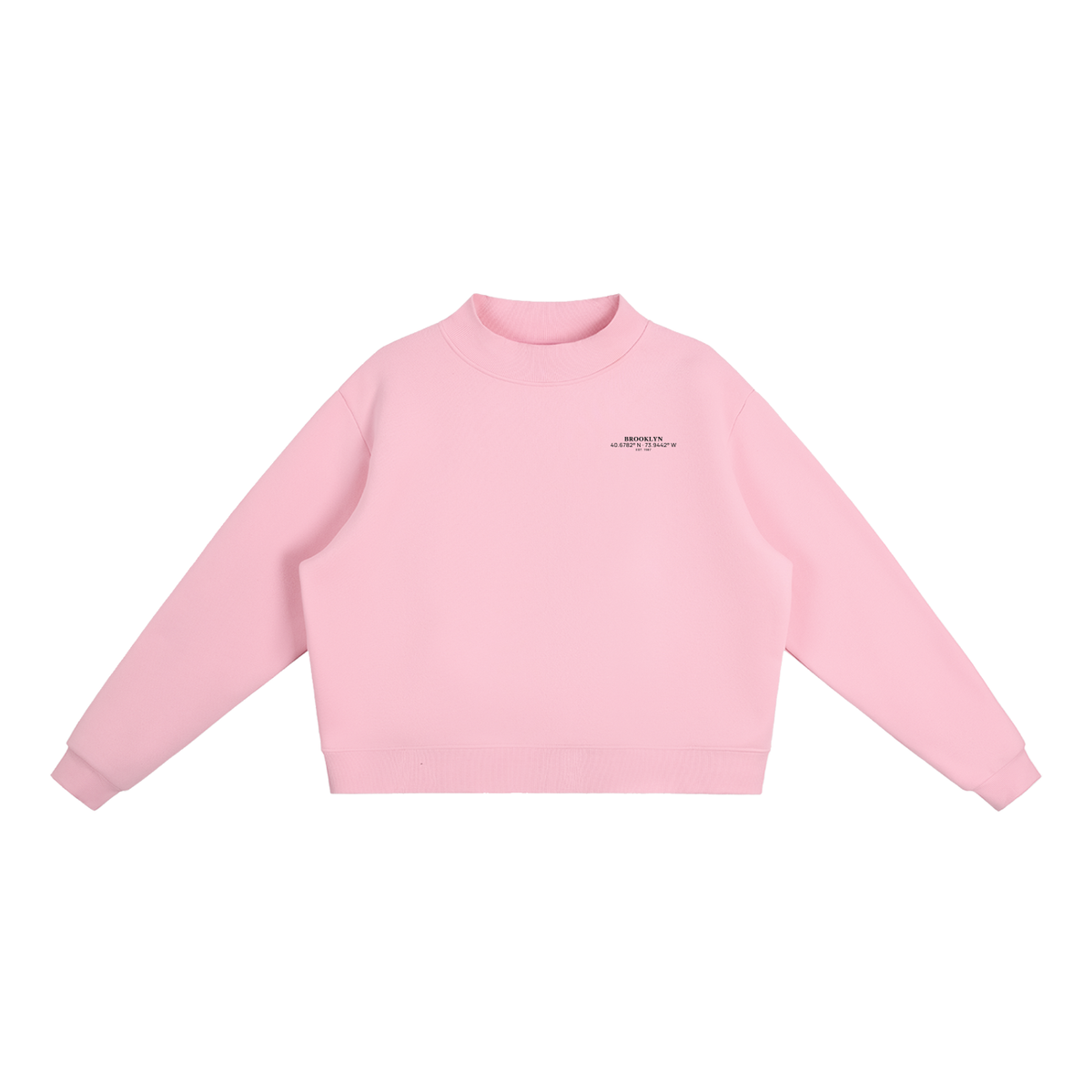 Brooklyn Mock-Neck Crew — Black Text in Pink, front view showing the small black BROOKLYN chest print