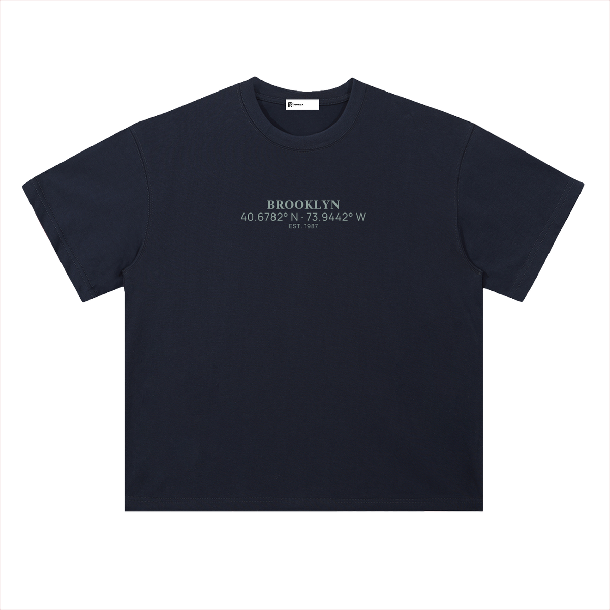 Heavyweight Coordinates tee in Navy, front view showing the Brooklyn coordinates chest print