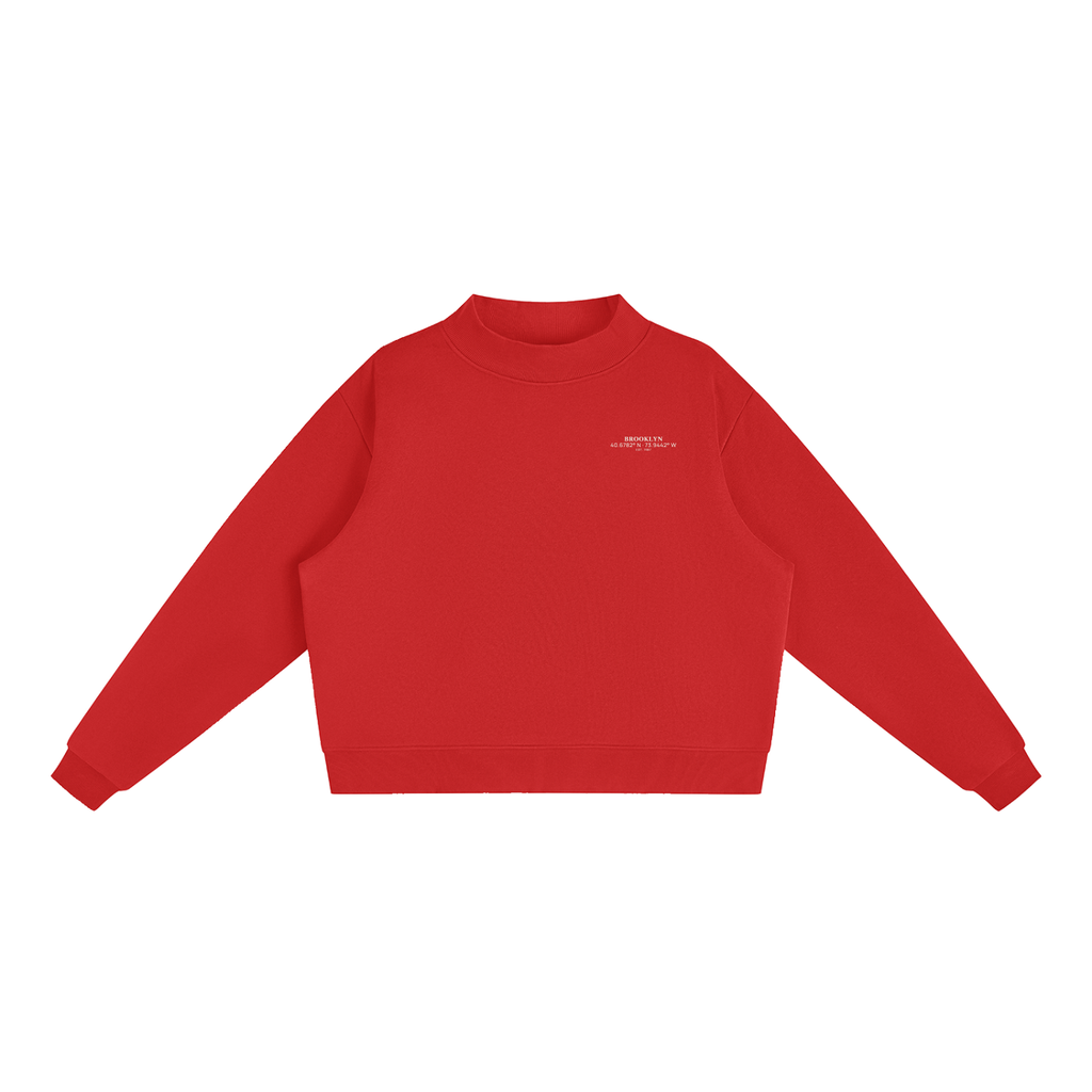 Brooklyn Mock-Neck Crew — White Text in Red, front view showing the small white BROOKLYN chest print