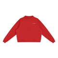 Brooklyn Mock-Neck Crew — White Text in Red, front view showing the small white BROOKLYN chest print