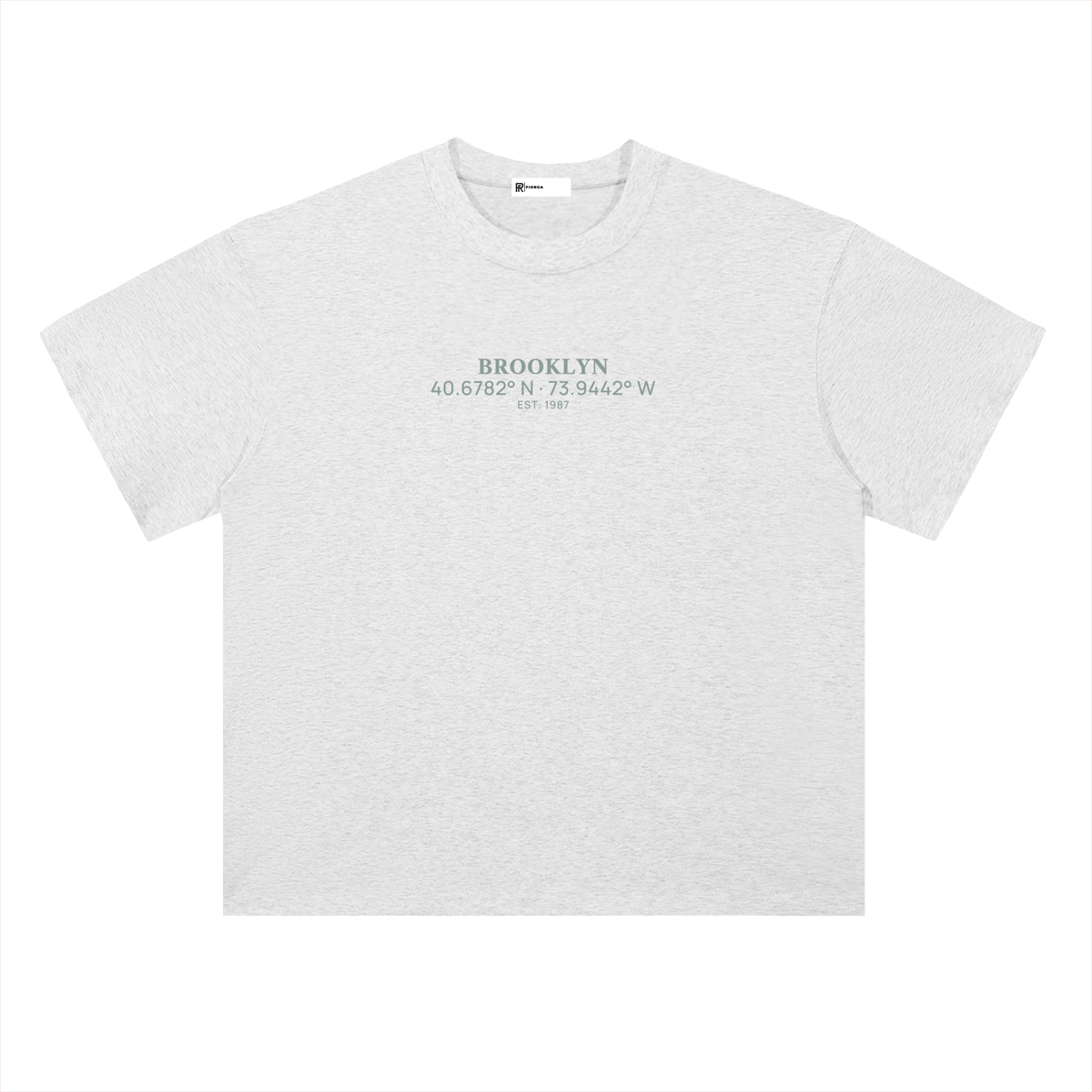 Heavyweight Coordinates tee in Light Gray, front view showing the Brooklyn coordinates chest print