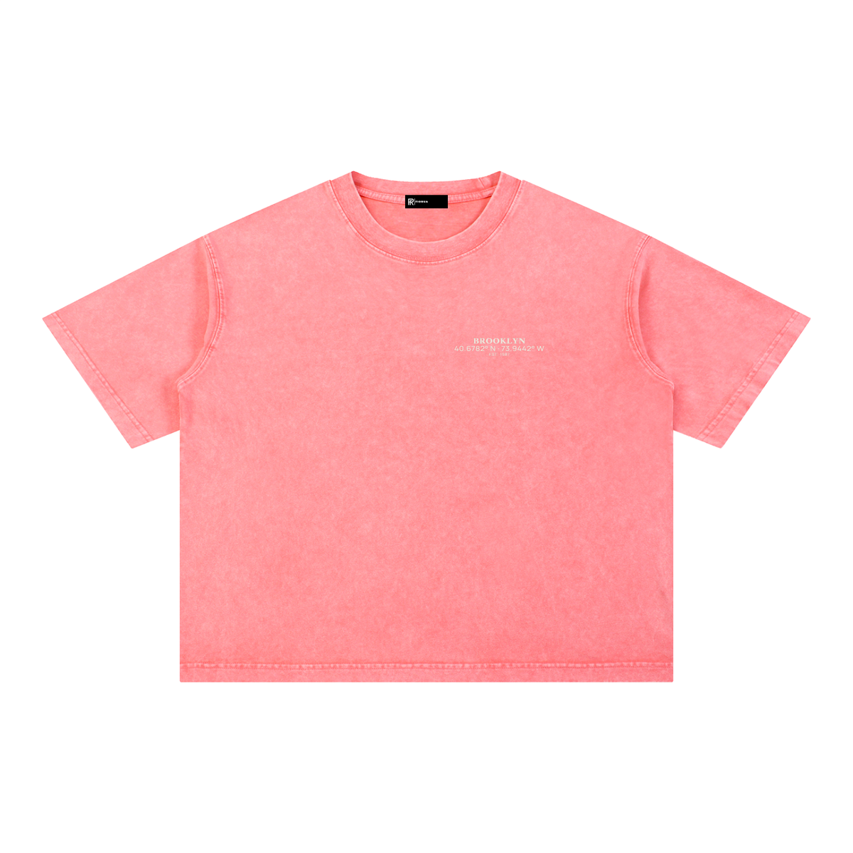 Brooklyn Coordinates tee in Pink, front view showing the white Brooklyn coordinates chest print