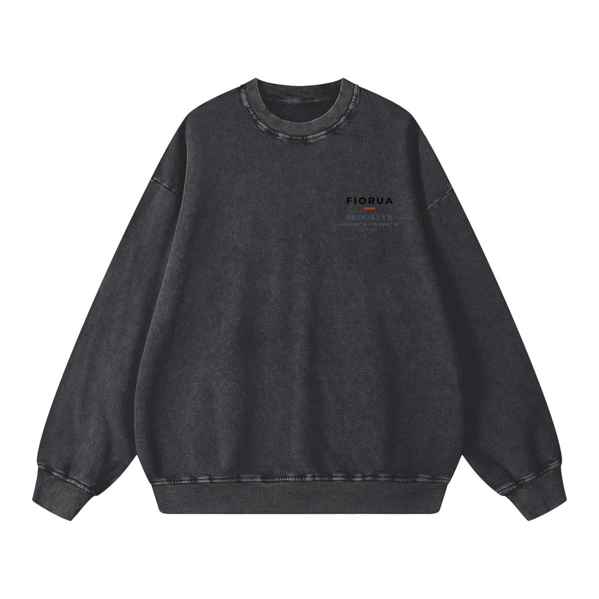 Stoop crewneck in Black, front view showing the small Brooklyn brownstone chest print