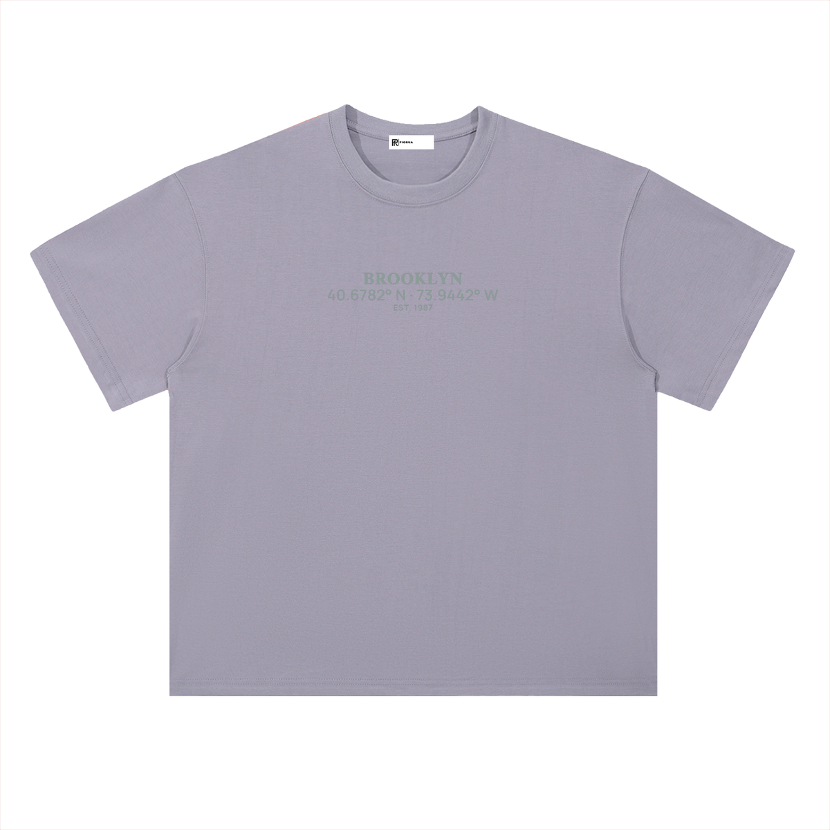 Heavyweight Coordinates tee in Light Purple, front view showing the Brooklyn coordinates chest print
