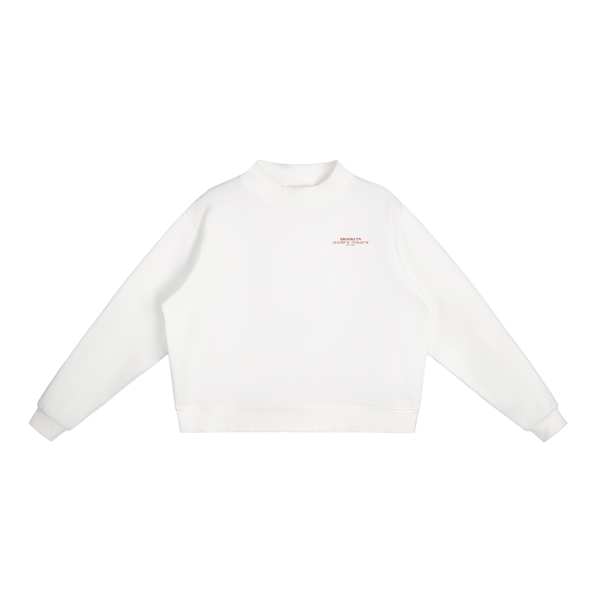 Brooklyn Mock-Neck Crew — Red Text in White, front view showing the small red BROOKLYN chest print